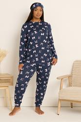 YOURS Plus Size Set Navy Blue Bow Soft Touch Pyjama & Eye Mask | Yours Clothing 3