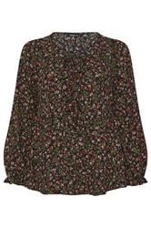 YOURS Curve Black Floral Bow Tie Front Peplum Top