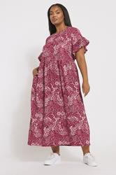 YOURS Plus Size Burgundy Red Floral Frill Sleeve Midaxi Dress | Yours Clothing 2