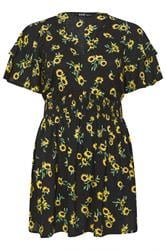 YOURS Curve Black Sunflower Print Flutter Sleeve Top