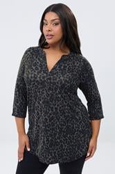 YOURS Plus Size Dark Green Leopard Print Placket Top | Yours Clothing 3