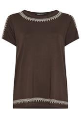 YOURS Curve Brown Embroidered Cold Shoulder T-Shirt