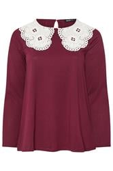 YOURS Curve Burgundy Red Broderie Anglaise Oversized Collar Top