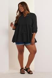 YOURS Plus Size Black Cotton Tie Neck Top | Yours Clothing 2