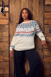 YOURS Plus Size Ivory White Fairisle 'Les Alpes' Knitted Jumper | Yours Clothing 1