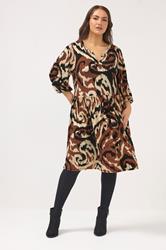 YOURS Plus Size Brown Abstract Notch Neck Dress | Yours Clothing 1