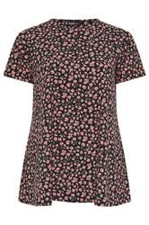 YOURS Curve Black Floral Ribbed Swing Top