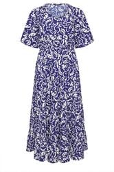 YOURS Curve Cobalt Blue Leaf Print Tiered Maxi Dress
