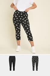 YOURS 2 PACK Plus Size Black Daisy Print Cropped Leggings | Yours Clothing 1