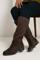 Brown Faux Suede Stretch Knee High Boots In Wide E Fit & Extra Wide EEE Fit