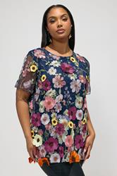 YOURS LONDON Plus Size Navy Blue 3D Floral T-Shirt | Yours Clothing 3