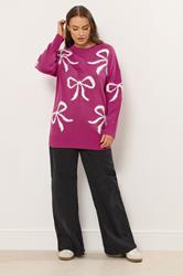 YOURS Plus Size Pink Fluffy Bow Knitted Jumper | Yours Clothing 1