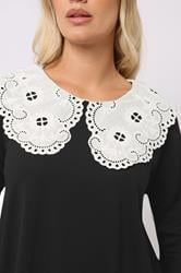 YOURS Plus Size Black Broderie Anglaise Oversized Collar Top | Yours Clothing 5