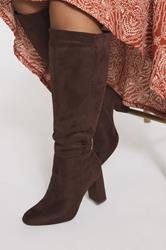 Chocolate Brown Faux Suede Heeled Knee High Boot In Extra Wide EEE Fit | Yours Clothing 1