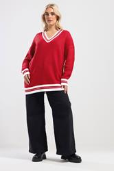 YOURS Plus Size Red Contrast V-Neck Knitted Jumper | Yours Clothing 1