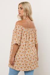 YOURS Plus Size Orange Textured Leaf Print Bardot Top | Yours Clothing 2