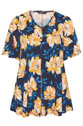 YOURS Curve Navy Blue & Yellow Floral Pleat Front Top