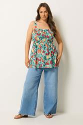 YOURS Plus Size Green Fruit Print Peplum Vest Top | Yours Clothing 1
