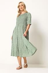 YOURS Plus Size Sage Green Shirred Ditsy Floral Dress | Yours Clothing 3