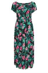 YOURS Curve Black Tropical Tie Neck Bardot Maxi Dress