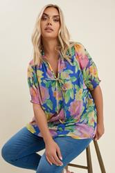 YOURS Plus Size Cobalt Blue Floral Print Tie Front Blouse | Yours Clothing 1