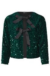 YOURS Curve Green Velvet Bow Tie Front Sequin Jacket