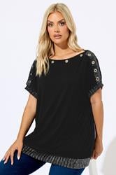 YOURS Plus Size Black Eyelet Shimmer Detail Top | Yours Clothing 1
