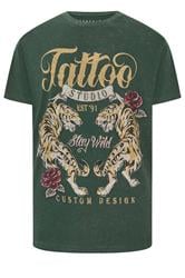 BadRhino Big & Tall Green Acid Wash Tattoo Tiger Graphic T-Shirt