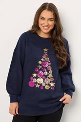 EVANS Plus Size Navy Blue Sequin Embellished Baubles Christmas Jumper | Evans 3