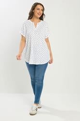 YOURS Plus Size White Textured Polka Dot Notch Neck Top | Yours Clothing 1