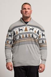 BadRhino Big & Tall Grey Fairisle Deer Quarter Zip Knitted Jumper | BadRhino 2