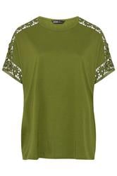 YOURS Curve Olive Green Crochet Sleeve T-Shirt