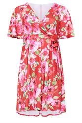 YOURS LONDON Curve Red Floral Wrap Skater Dress