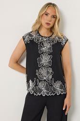 LTS Tall Women's Set Black Floral Embroidered Linen Top & Trousers Set | Long Tall Sally  1