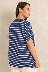 EVANS Plus Size Navy Blue Stripe Cotton T-Shirt | Evans 2