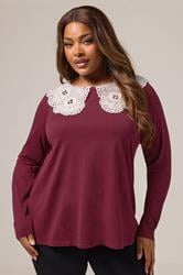 YOURS Plus Size Burgundy Red Broderie Anglaise Oversized Collar Top | Yours Clothing 3