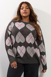 YOURS Plus Size Grey Argyle Heart Knit Jumper | Yours Clothing 3
