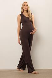LTS Tall Women's Maternity Brown Shirred Wide Leg Jumpsuit | Long Tall Sally 1