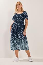 YOURS Plus Size Navy Blue Floral Shirred Maxi Dress | Yours Clothing 1