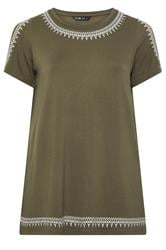 YOURS Curve Green Embroidered Trim T-Shirt