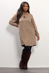 YOURS Plus Size Natural Brown Ribbed Quarter Zip Jumper Dress | Yours Clothing 1
