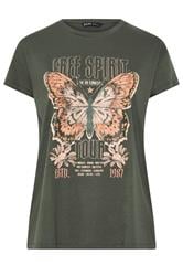 YOURS Curve Khaki Green 'Free Spirit' Butterfly Embellished T-Shirt