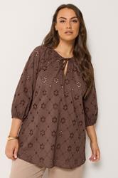 YOURS Curve Chocolate Brown Floral Broderie Anglaise Top | Yours Clothing 3