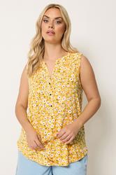 YOURS Plus Size Yellow Floral Notch Neck Vest Top | Yours Clothing 3