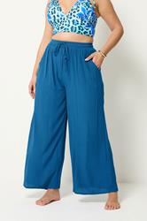YOURS Plus Size Cobalt Blue Crinkle Texture Wide Leg Trousers | Yours Clothing 1