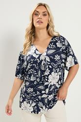 YOURS Plus Size Navy Blue Floral Print Pleat Front Top | Yours Clothing 3