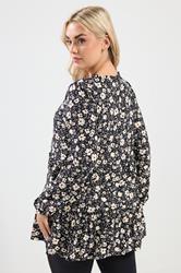 YOURS Plus Size Black Floral Tie Neck Tiered Blouse | Yours Clothing 2