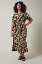 EVANS Plus Size Brown Leopard Print Midi Shirt Dress | Evans 1