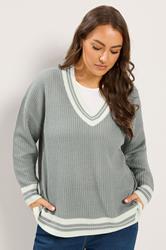 YOURS Plus Size Grey & White Knitted Tennis Jumper | Yours Clothing 1