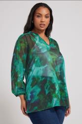 YOURS LONDON Plus Size Green Blur Abstract Print Overhead Blouse | Yours Clothing 1